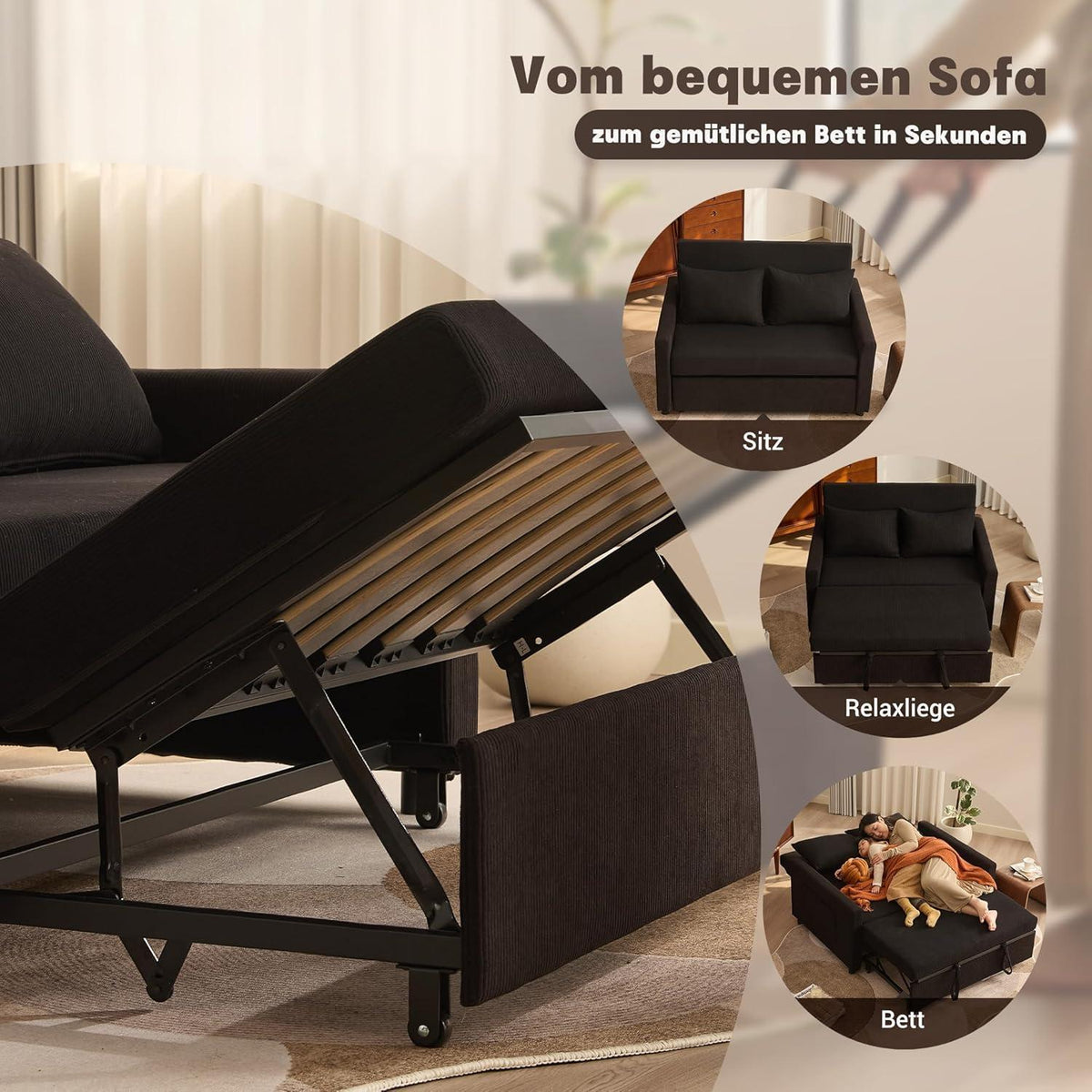 Schlafsofa 2-Sitzer Cordstoff – Ausziehbares Bett mit Verstelllehne