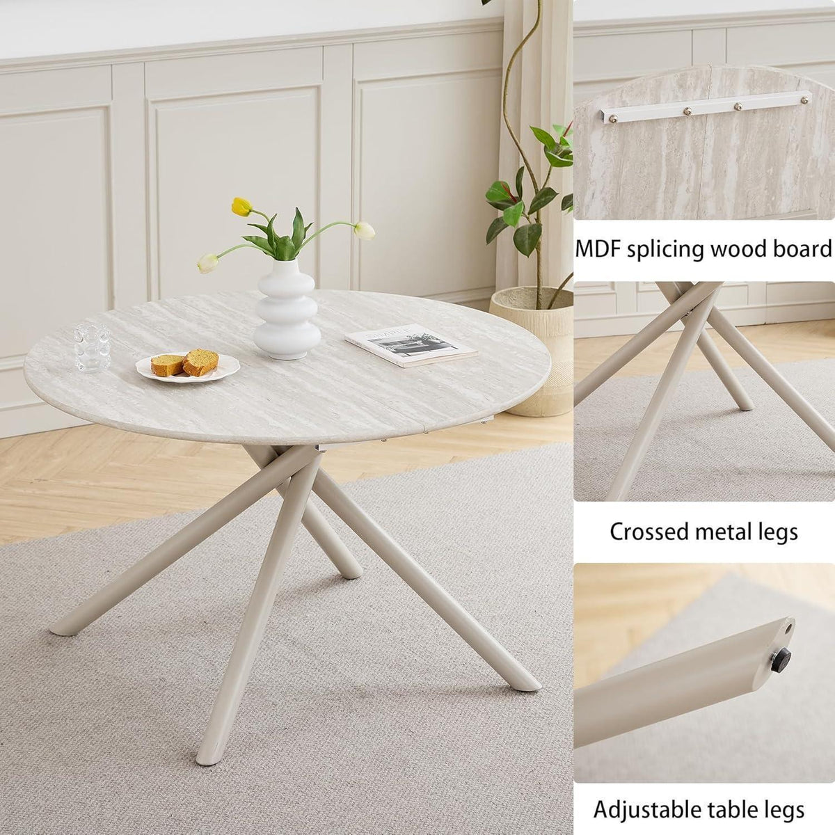 Rundes Esszimmer-Set mit 4 Leinenstühlen (Hellgrau + Braun)