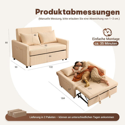 Schlafsofa 2-Sitzer Cordstoff, Ausziehbar & Verstellbar, Beige