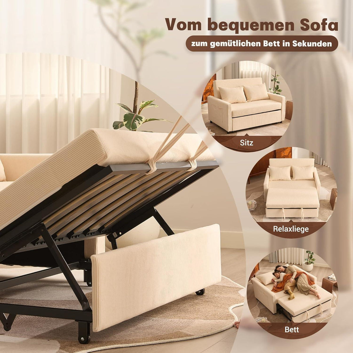 Schlafsofa 2-Sitzer Cordstoff, Ausziehbar & Verstellbar, Beige