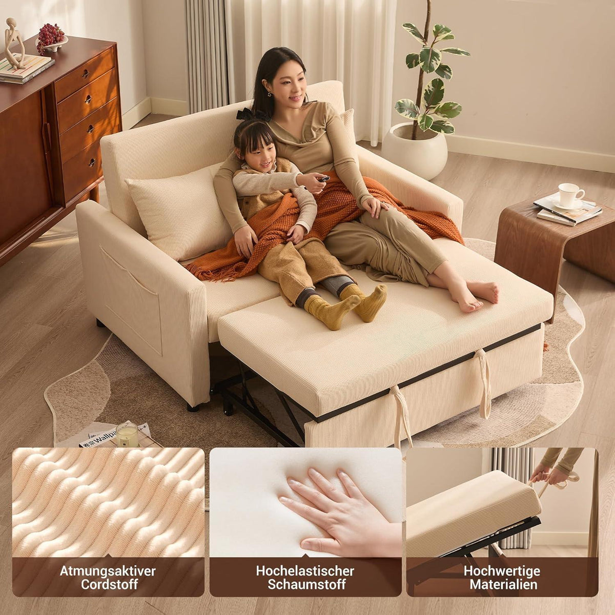 Schlafsofa 2-Sitzer Cordstoff, Ausziehbar & Verstellbar, Beige