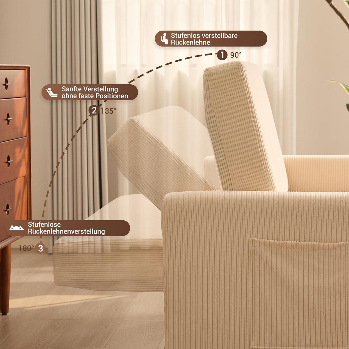 Schlafsofa 2-Sitzer Cordstoff, Ausziehbar & Verstellbar, Beige