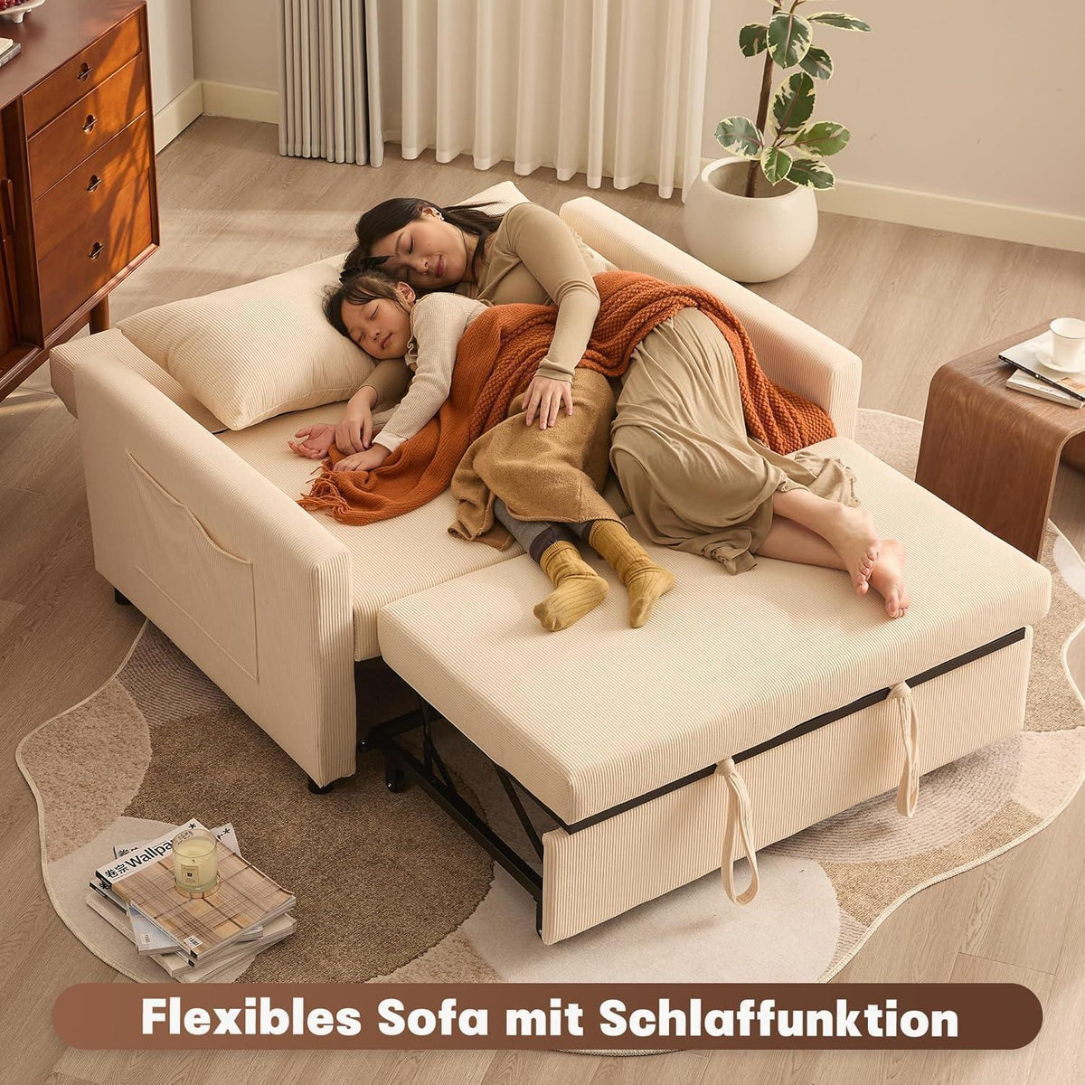 Schlafsofa 2-Sitzer Cordstoff, Ausziehbar & Verstellbar, Beige