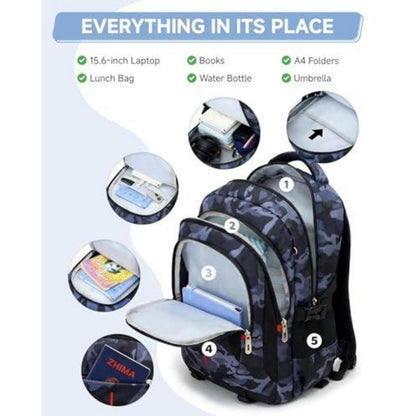 Schultrolley Rucksack Jungen Abnehmbar 6 Räder Tarnmuster 15,6"