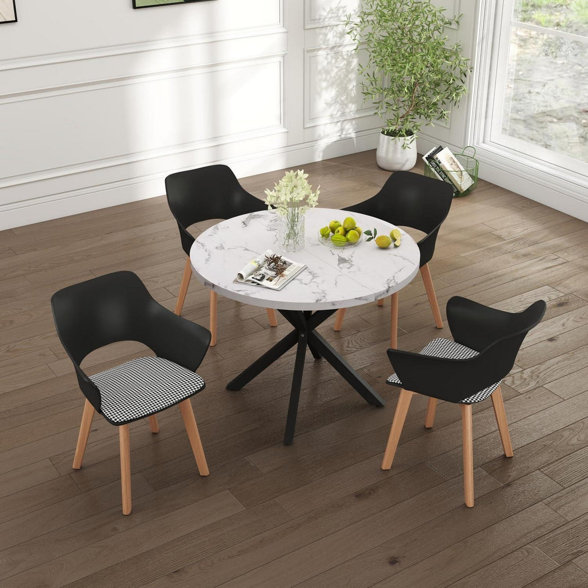 Nordisches Esstisch Set mit 4 gepolsterten Stühlen (Marmor-BK + Schwarz)
