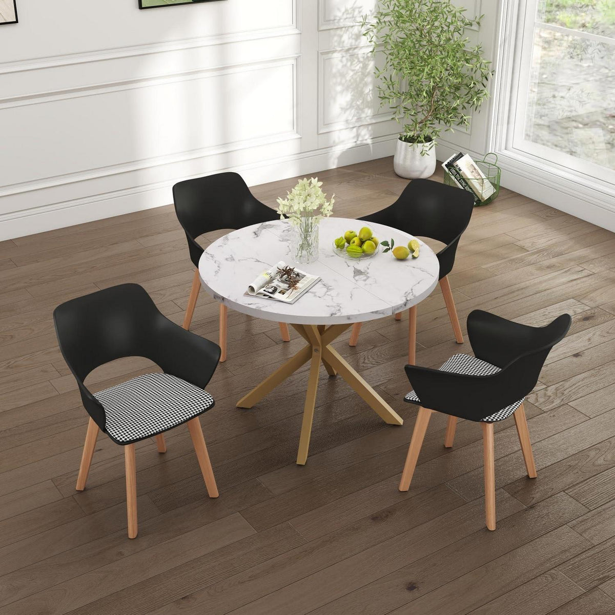 Nordisches Esstisch Set mit 4 gepolsterten Stühlen (Marmor-GD + Schwarz)