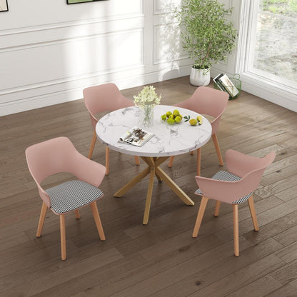 Nordisches Esstisch Set mit 4 gepolsterten Stühlen (Marmor-GD + Rosa)