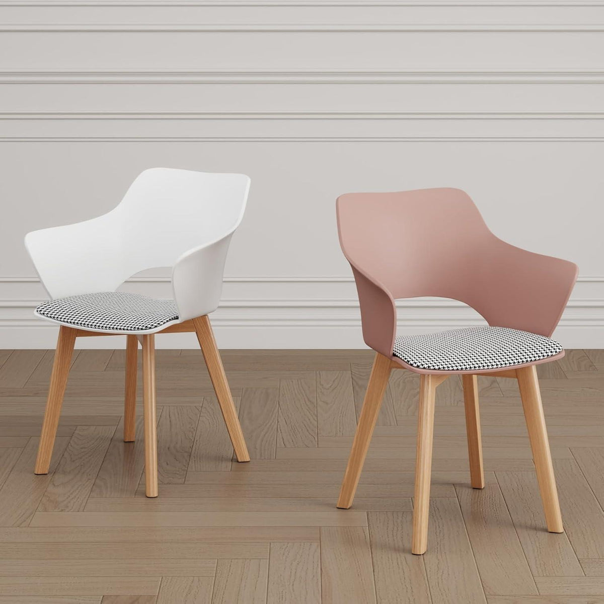 Nordisches Esstisch Set mit 4 gepolsterten Stühlen (Marmor-GD + Rosa)