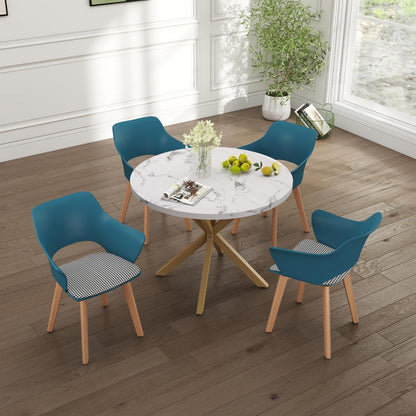 Nordisches Esstisch Set mit 4 gepolsterten Stühlen (Marmor-GD + Seeblau)