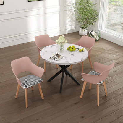Nordisches Esstisch Set mit 4 gepolsterten Stühlen (Marmor-BK + Rosa)