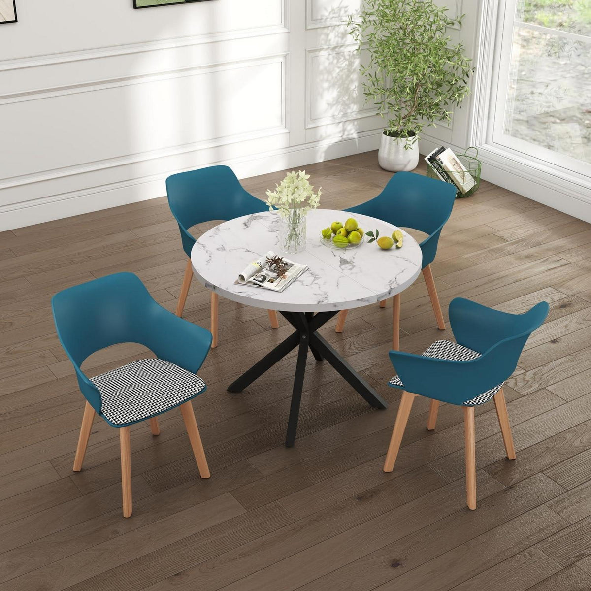 Nordisches Esstisch Set mit 4 gepolsterten Stühlen (Marmor-BK + Seeblau)