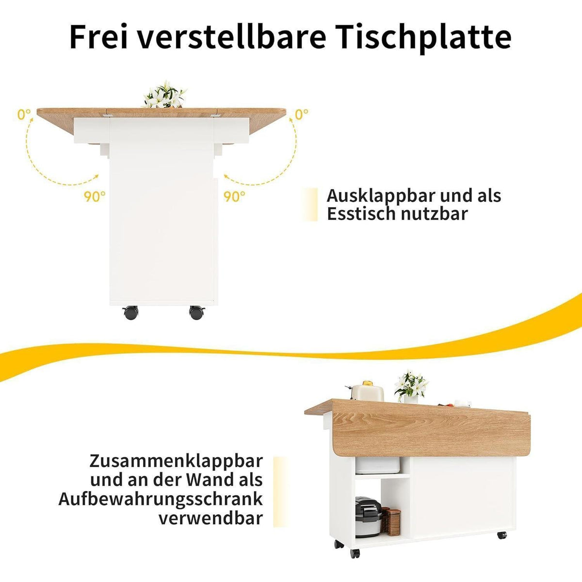 Mobile Kücheninsel mit Klappbarer Arbeitsplatte, Weiß
