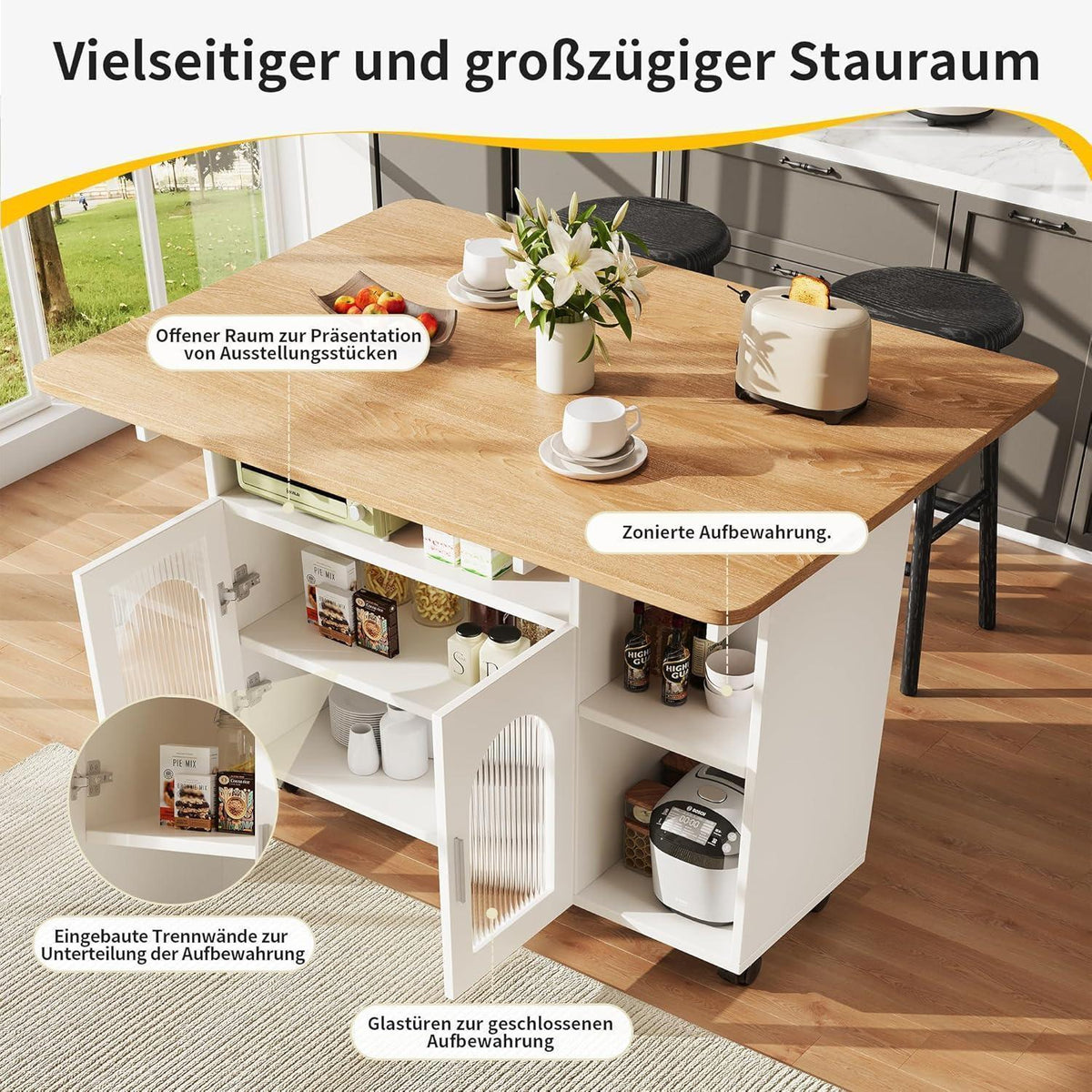 Mobile Kücheninsel mit Klappbarer Arbeitsplatte, Weiß