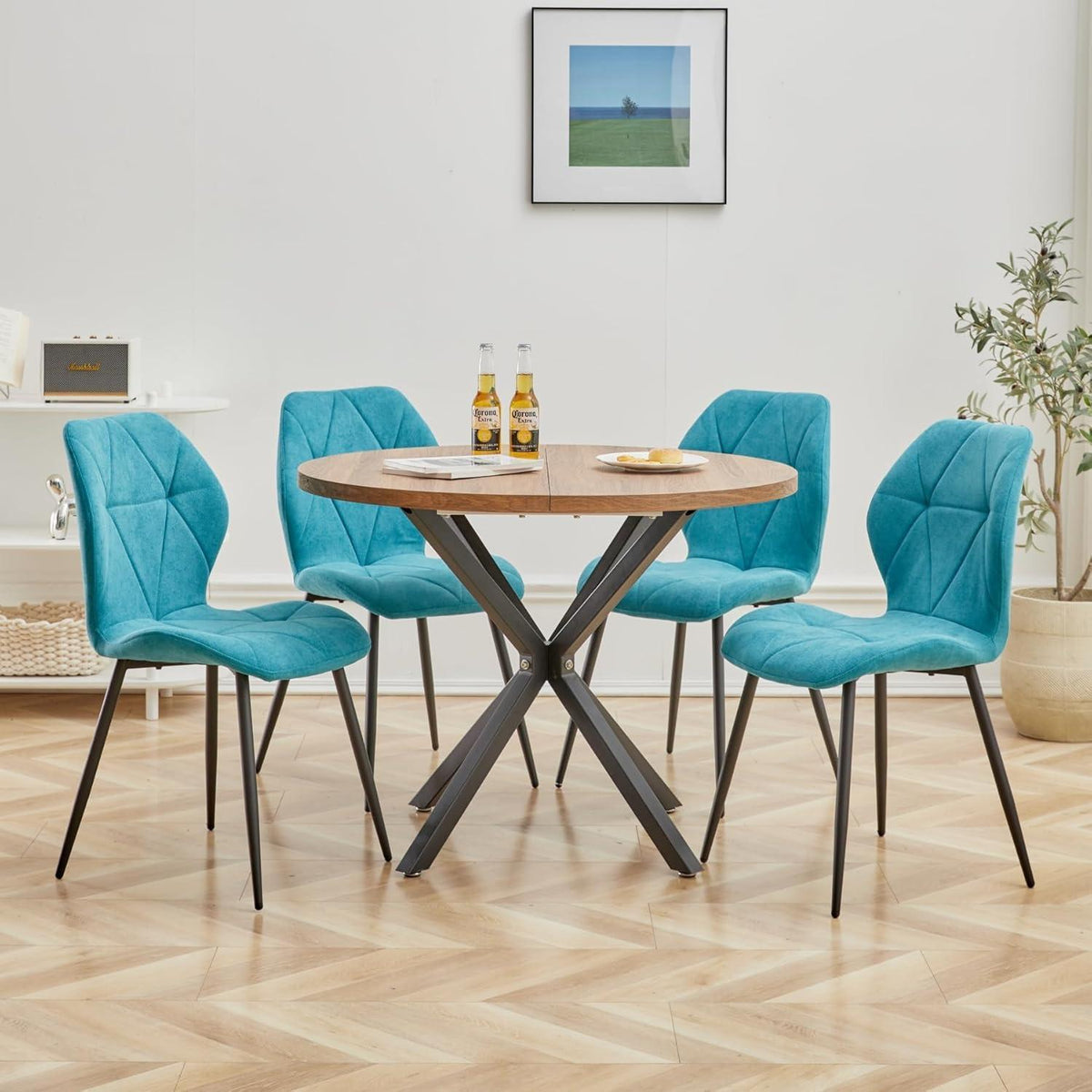 6 Esszimmerstühle Modern Blau Gepolstert mit Rautenmuster