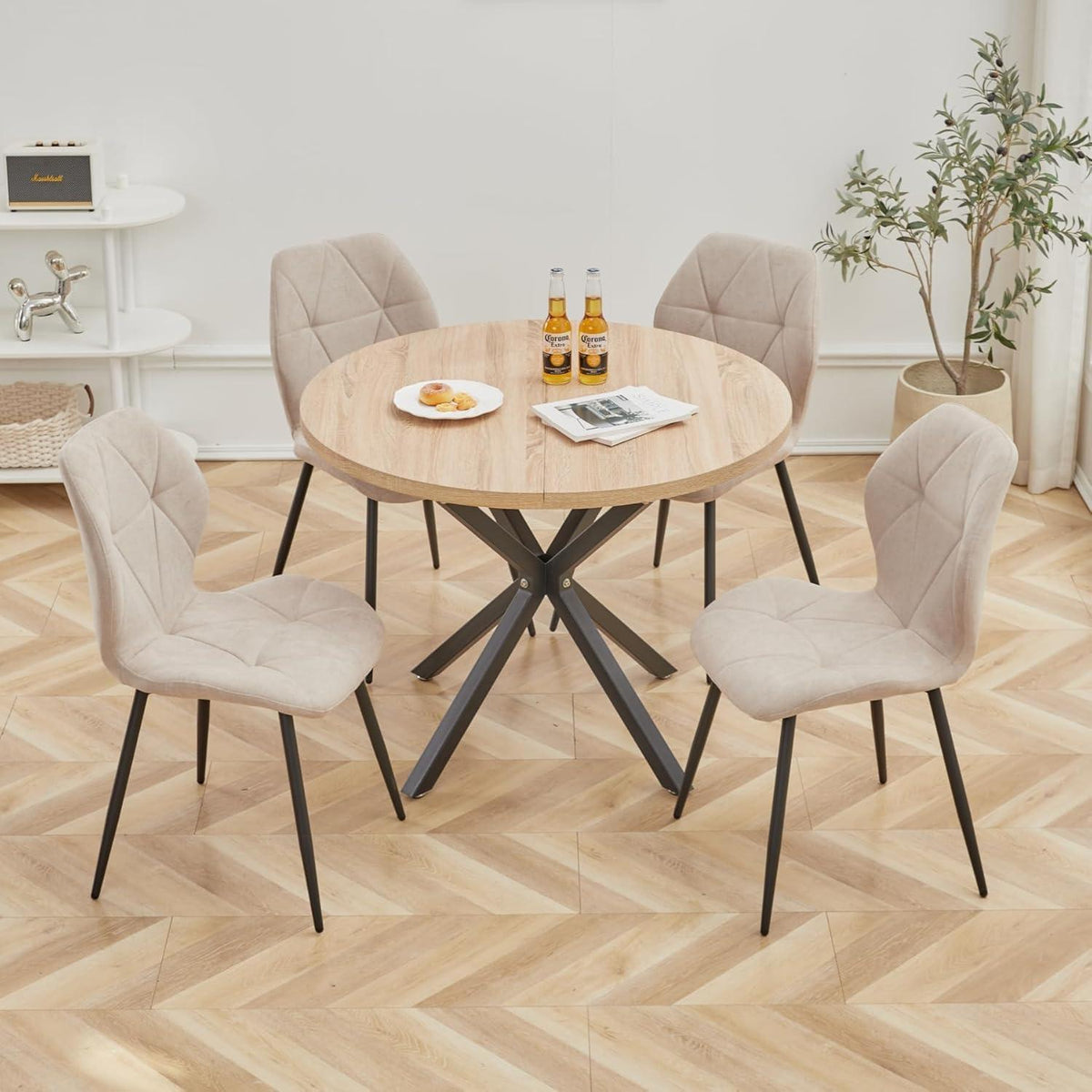 6er-Set Esszimmerstühle Modern Beige Gepolstert mit Rautenmuster