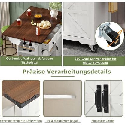 Mobile Kücheninsel mit Klappbarer Arbeitsplatte, Beige