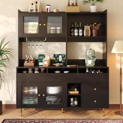 Küchenschrank mit Weinglasregal & Glastür, Schwarz 145x39x171cm
