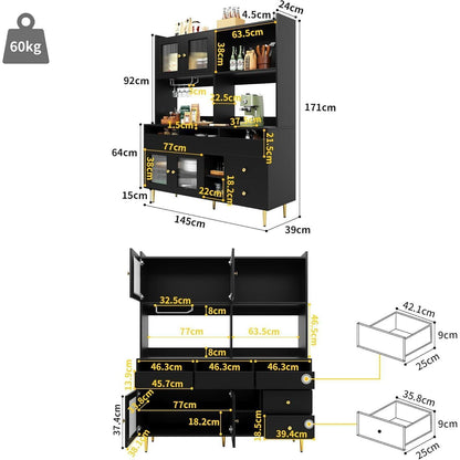 Küchenschrank mit Weinglasregal & Glastür, Schwarz 145x39x171cm