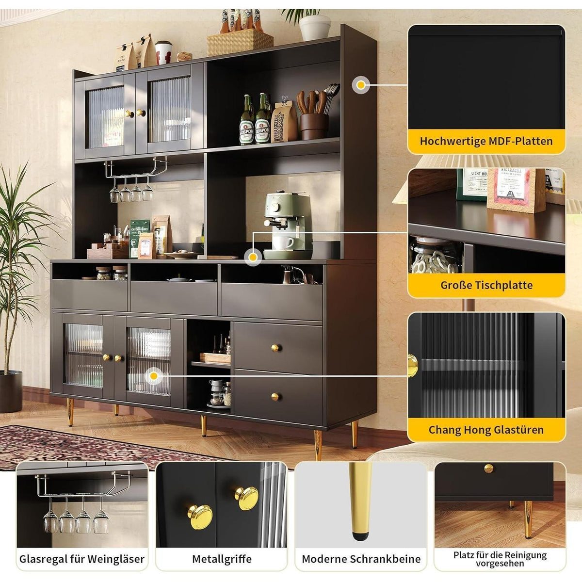 Küchenschrank mit Weinglasregal & Glastür, Schwarz 145x39x171cm