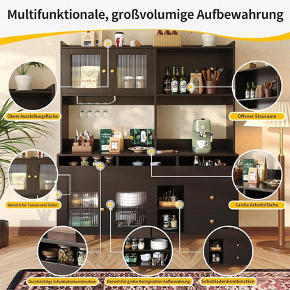 Küchenschrank mit Weinglasregal & Glastür, Schwarz 145x39x171cm