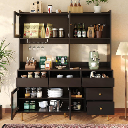 Küchenschrank mit Weinglasregal & Glastür, Schwarz 145x39x171cm