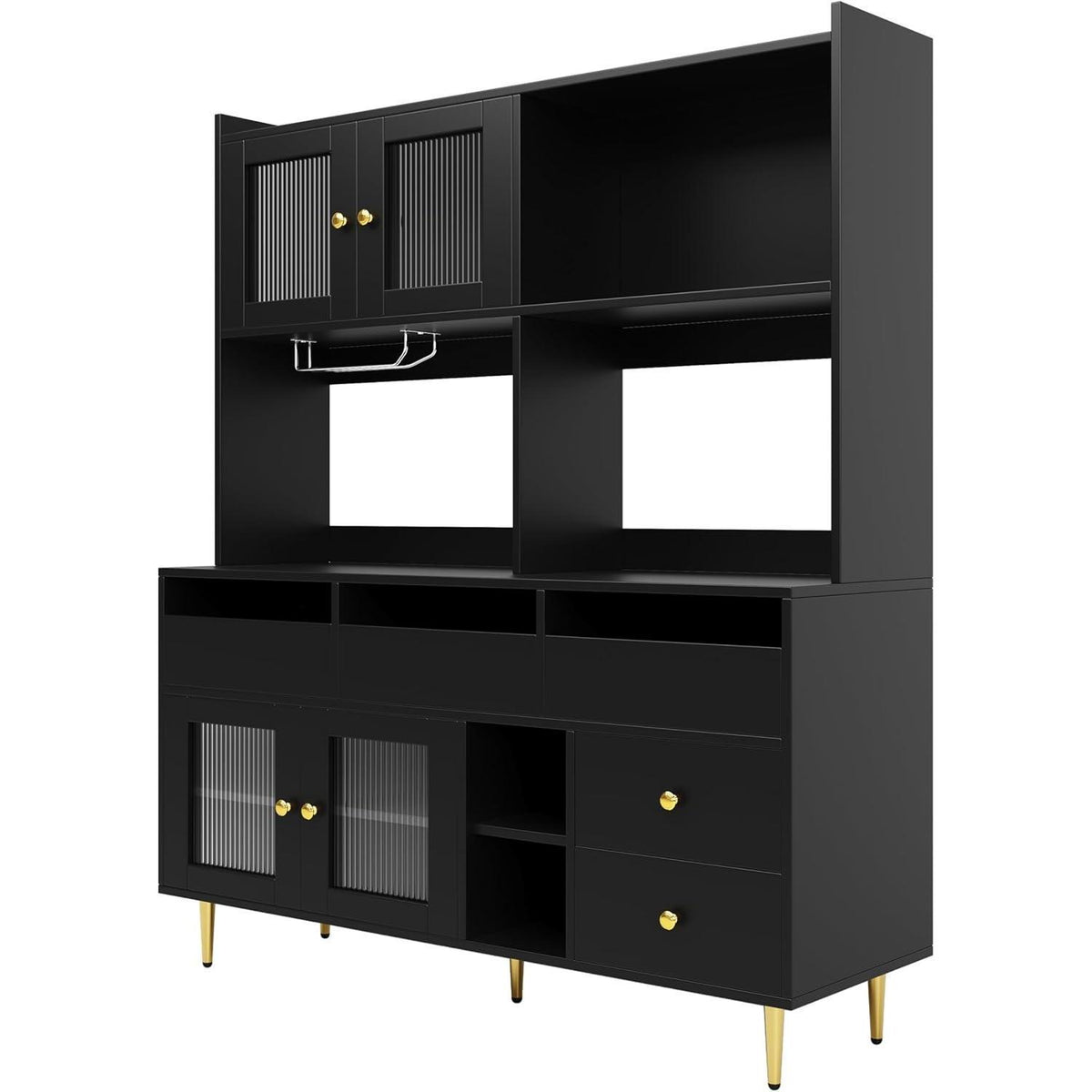 Küchenschrank mit Weinglasregal & Glastür, Schwarz 145x39x171cm