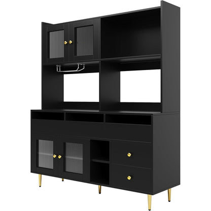 Küchenschrank mit Weinglasregal & Glastür, Schwarz 145x39x171cm