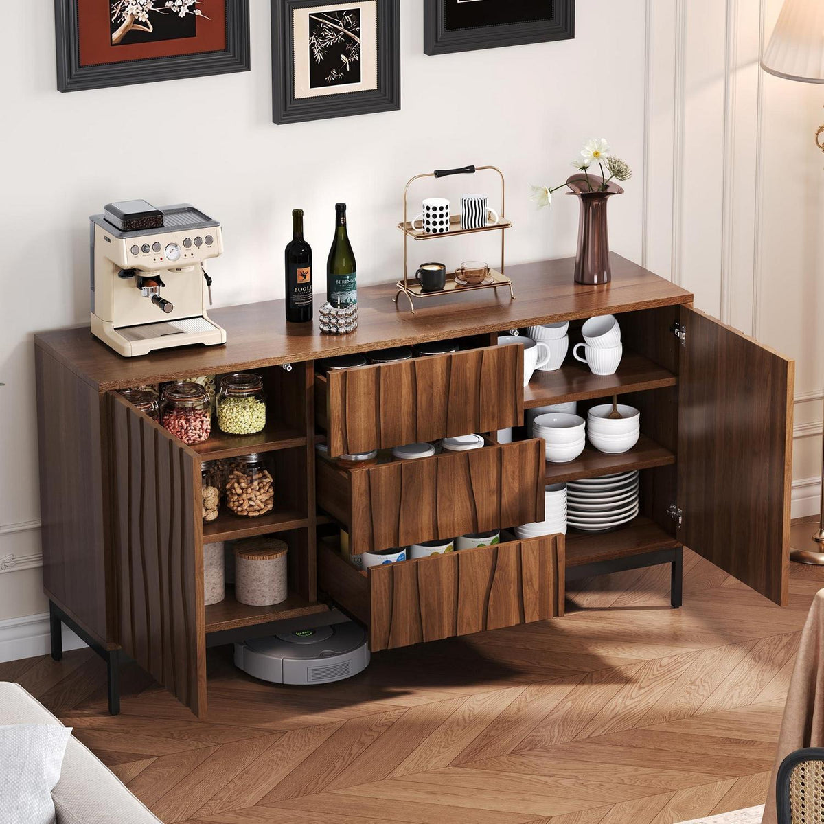Sideboard Eiche dunkel - 150cm, 3 Schubladen & verstellbare Regale