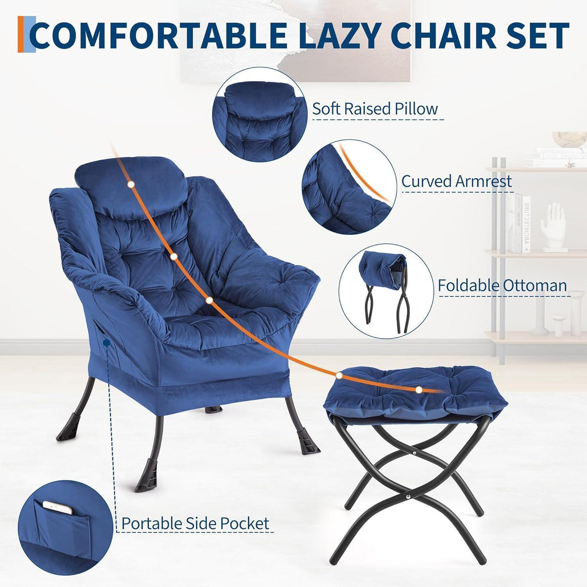 Lazy Chair mit Ottomane – Bequemer Lesesessel Marineblau
