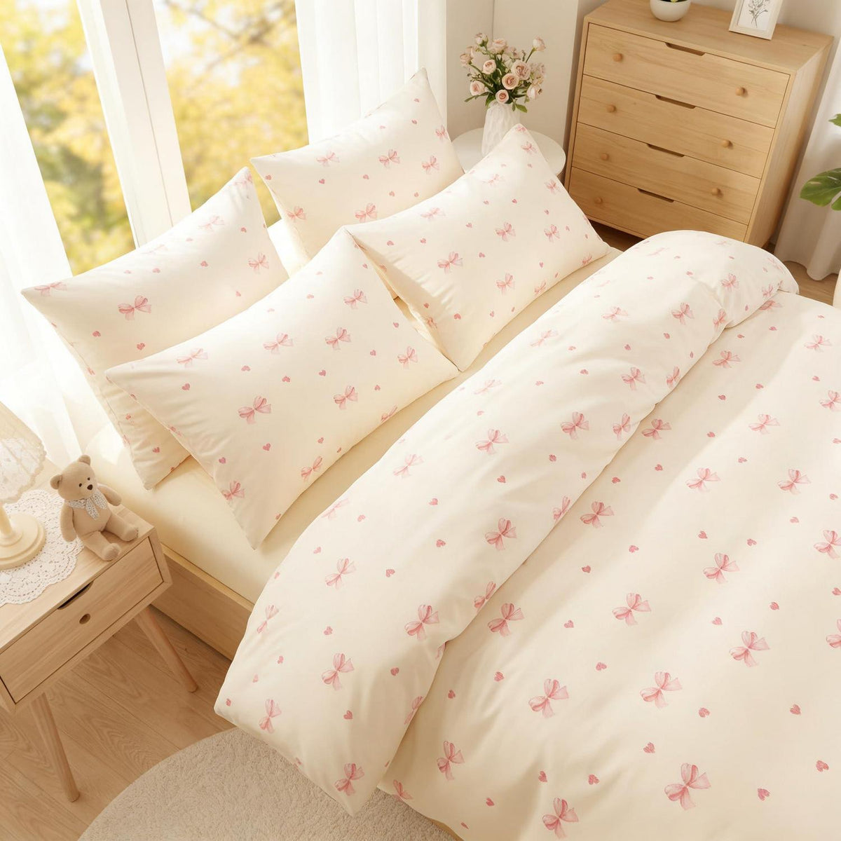 Bettwäsche Set Mädchen 135x200 Beige Rosa Schleifen Herzen