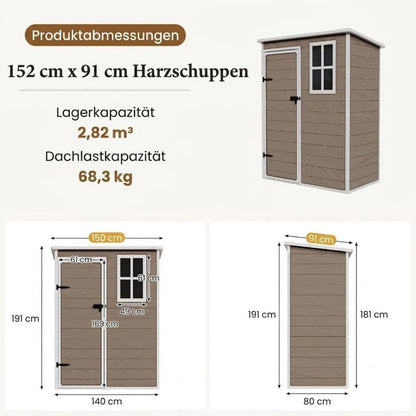 Wetterfestes Gartenhaus 152x92x192 cm – Kunststoff Schuppen