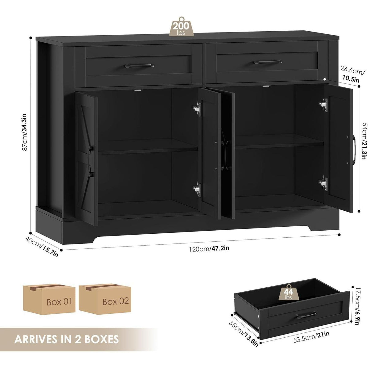 Küchenbuffet Sideboard mit 2 Schubladen & 4 Türen Schwarz
