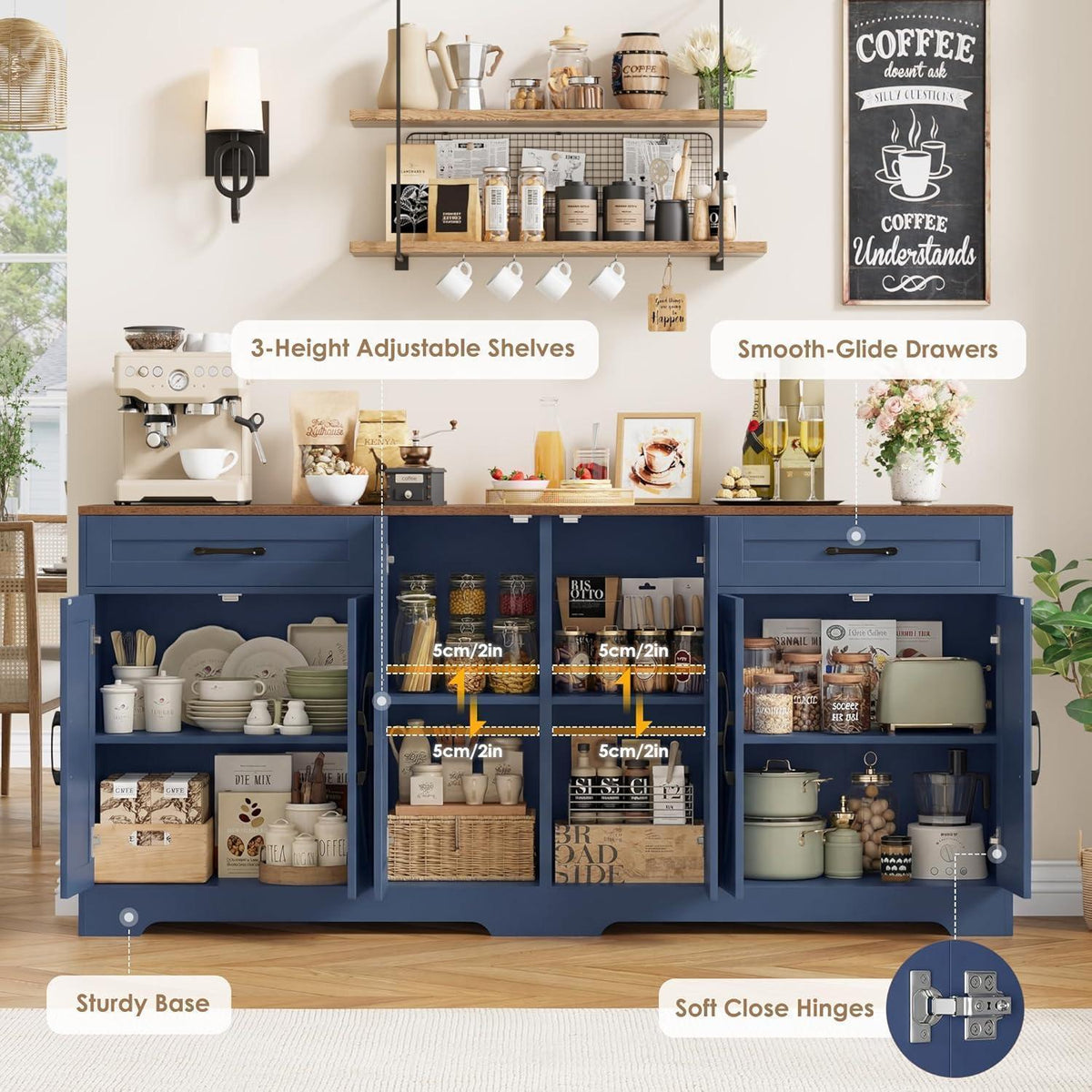 180cm Sideboard Küche mit Arbeitsplatte | Blaues Küchenbuffet mit 6 Türen