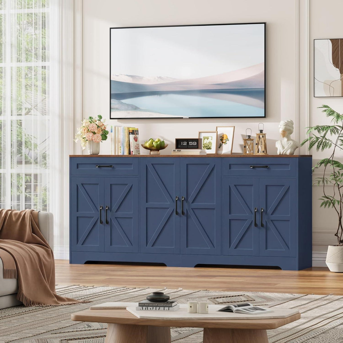 180cm Sideboard Küche mit Arbeitsplatte | Blaues Küchenbuffet mit 6 Türen