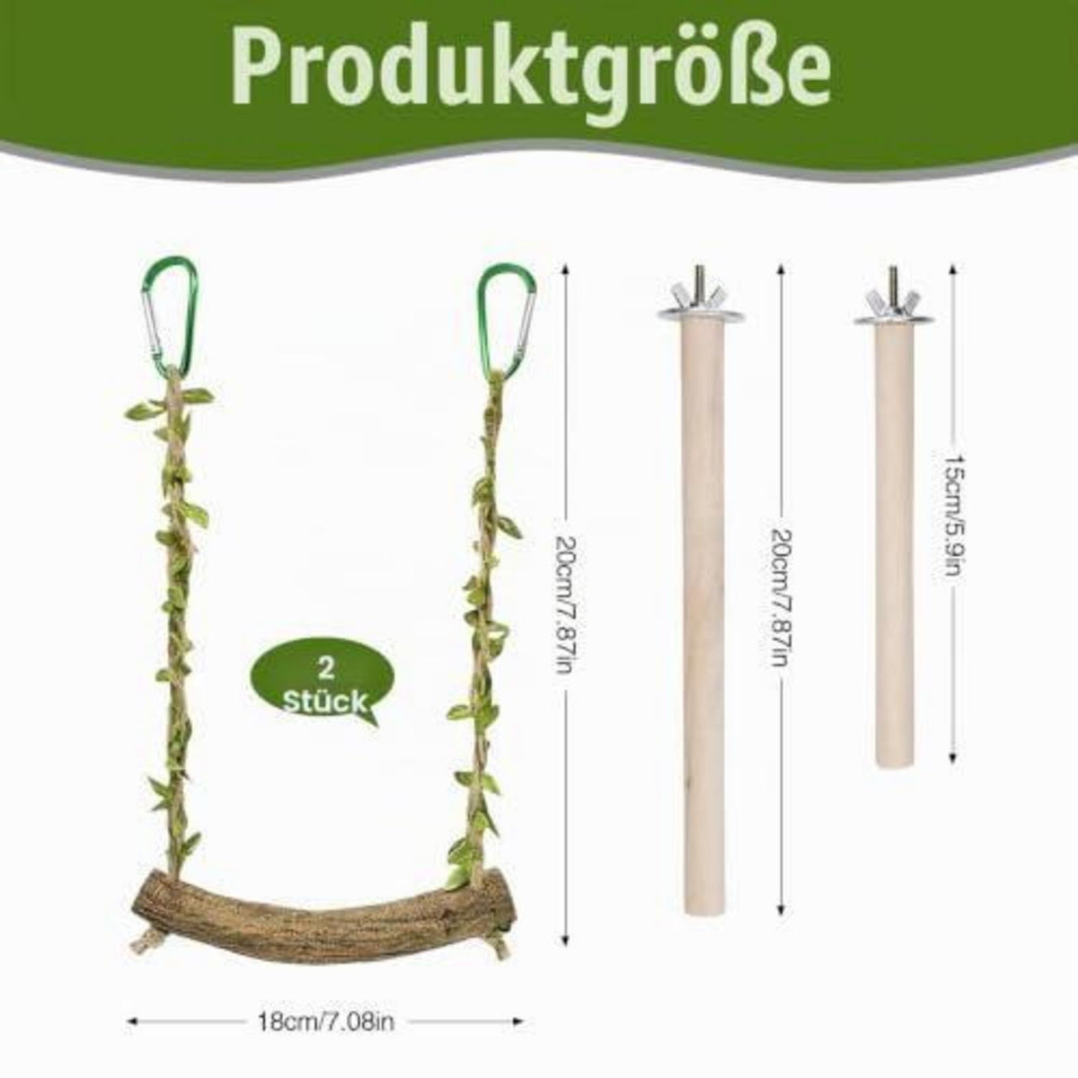 4x Wellensittich Spielzeug – Schaukel & Sitzstangen aus Holz