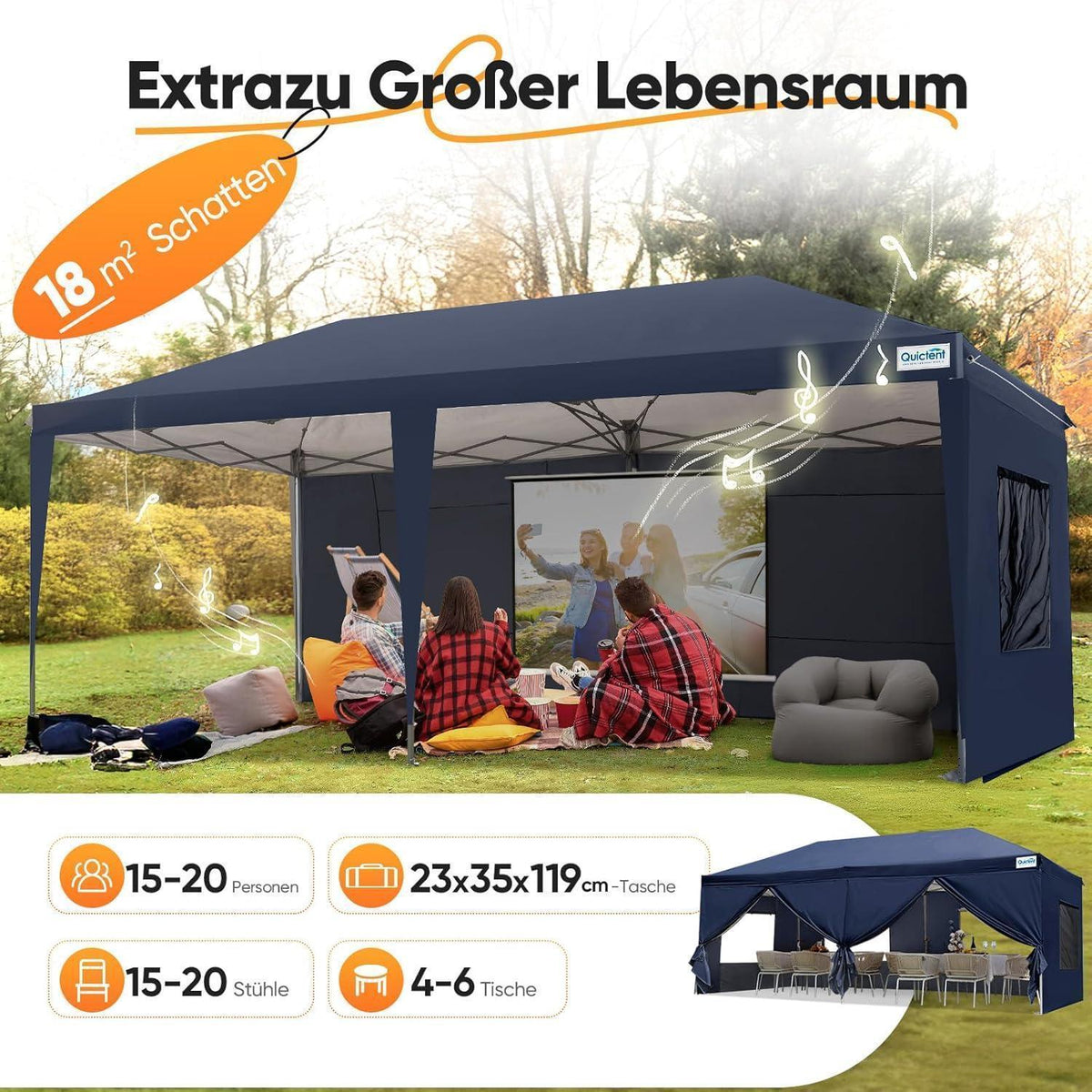 Faltpavillon 3x6m wasserdicht mit Seitenwänden & UV-Schutz