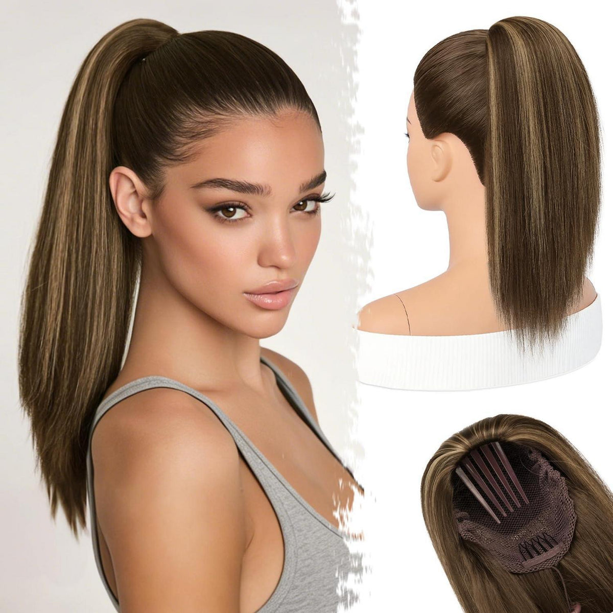 Braune Pferdeschwanz Verlängerung mit Blond Highlights, 40cm