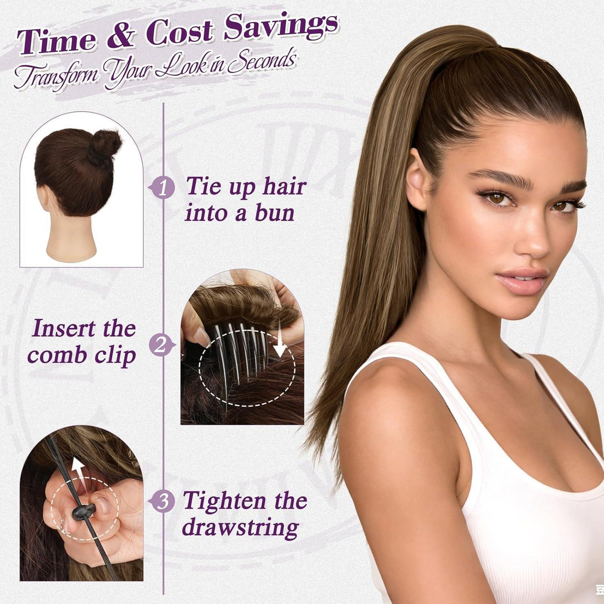 Braune Pferdeschwanz Verlängerung mit Blond Highlights, 40cm