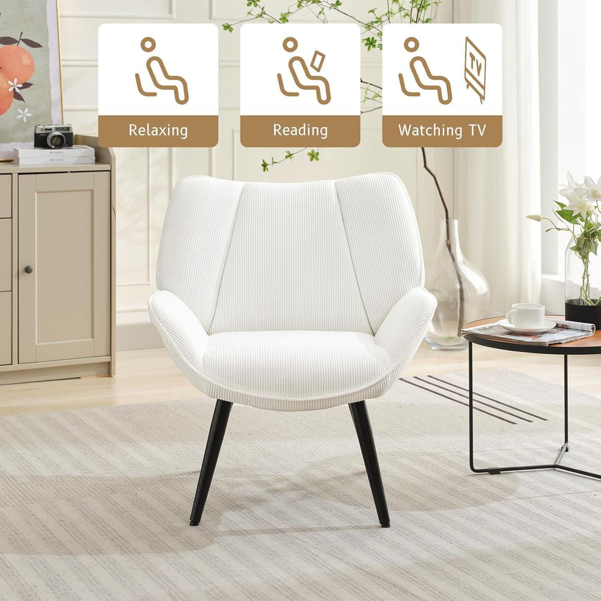 Lounge Sessel Cord Flügellehne Weiß – Bequemer Relax Sessel