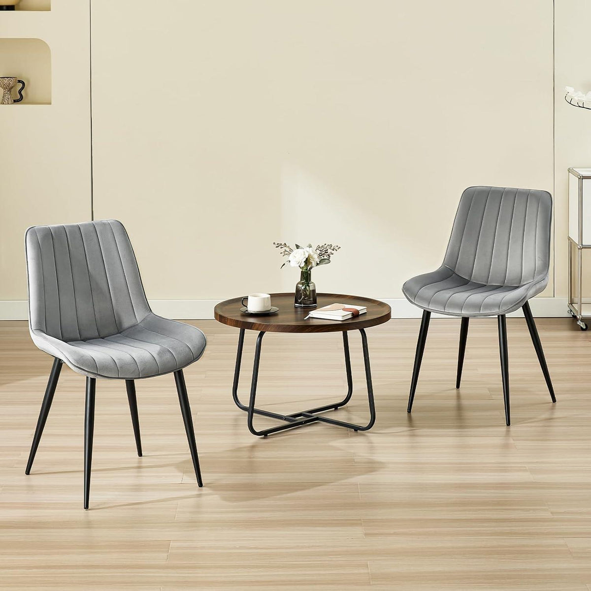 Samt Esszimmerstühle Set 4 - Grau & Schwarz Metallbeine