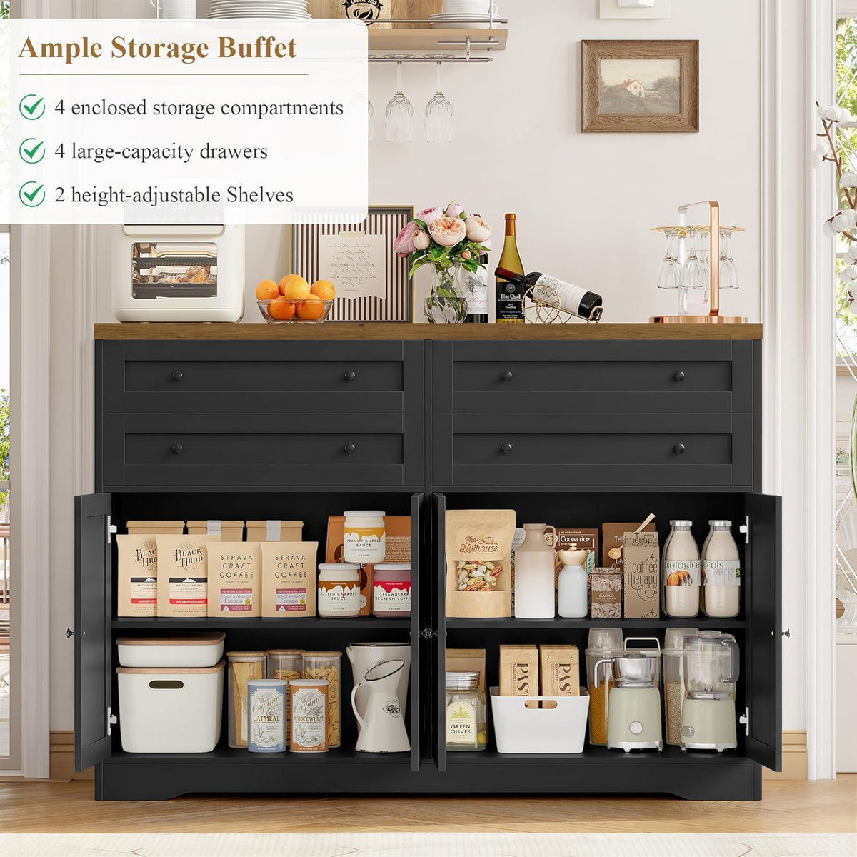 Sideboard mit Schubladen & Regalen – Küchenschrank Schwarz Braun