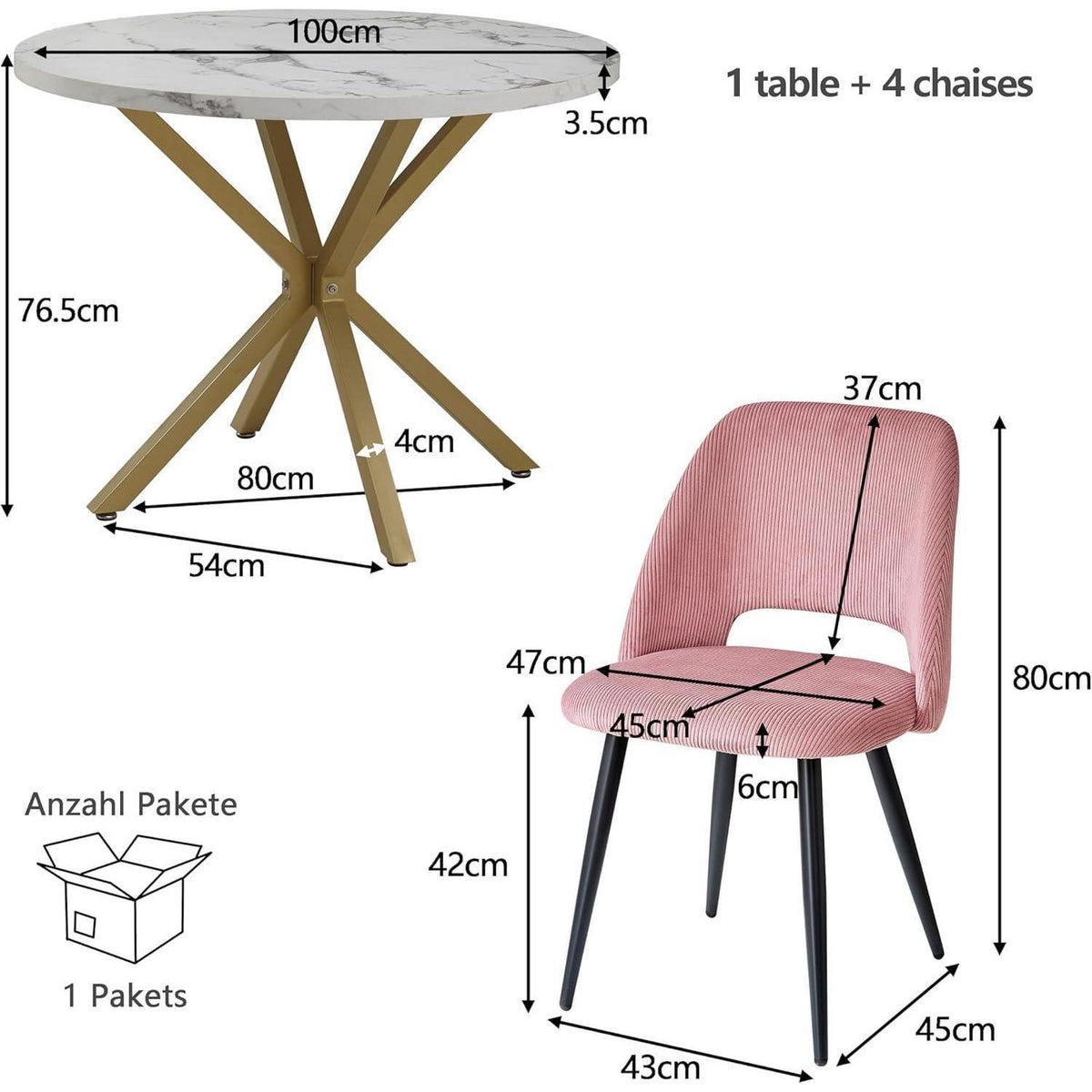 Runder Esstisch Set mit 4 Cord-Stühlen – Rosa & Marmor