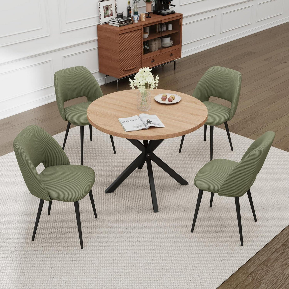 Runder Esstisch Set mit 4 Cord-Stühlen – Modern & Grün