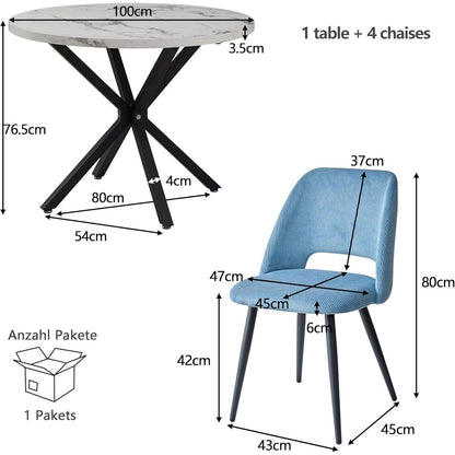 Runder Esstisch Set mit 4 Cord-Stühlen – Blau & Marmor