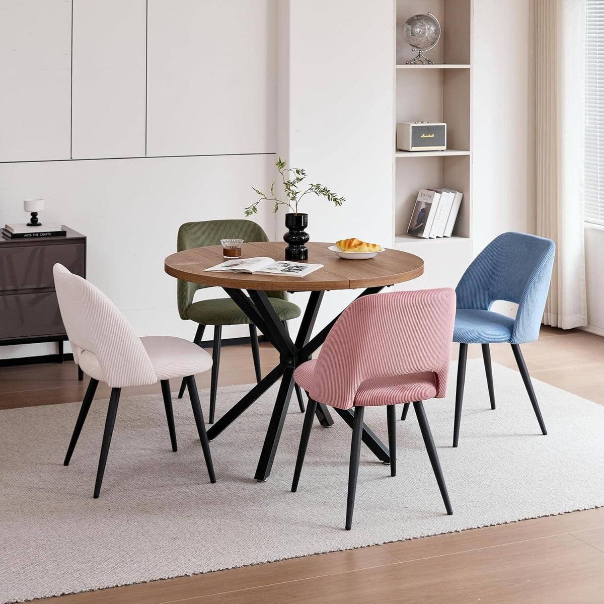 Runder Esstisch Set mit 4 Cord-Stühlen – Modern & Komfortabel