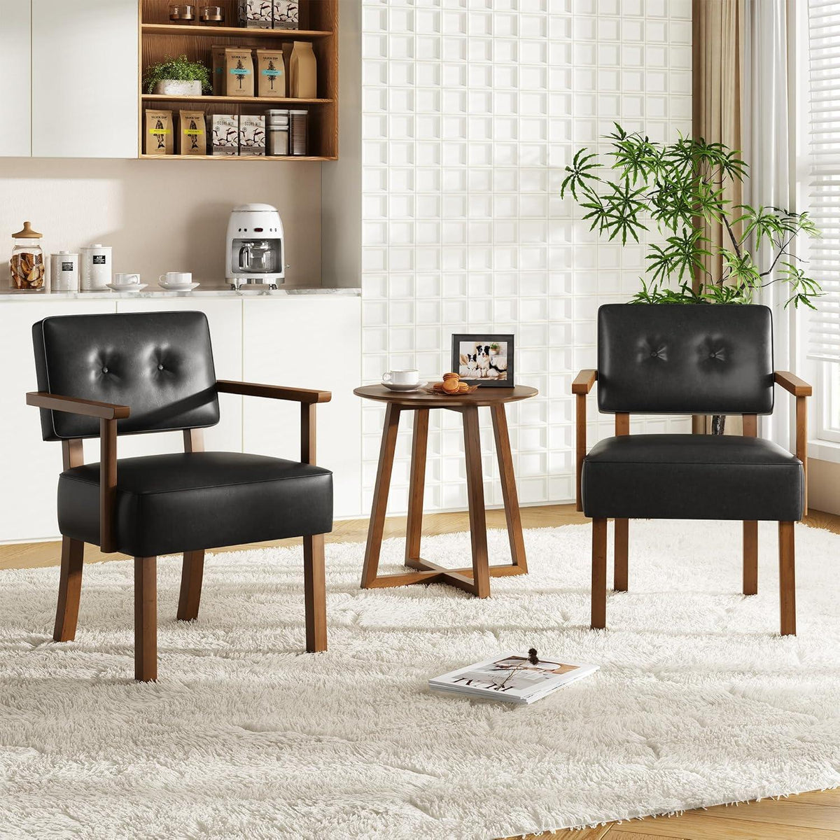 Lounge Sessel Schwarz | Bequemer Wohnzimmerstuhl mit Holzbeinen in Lederoptik