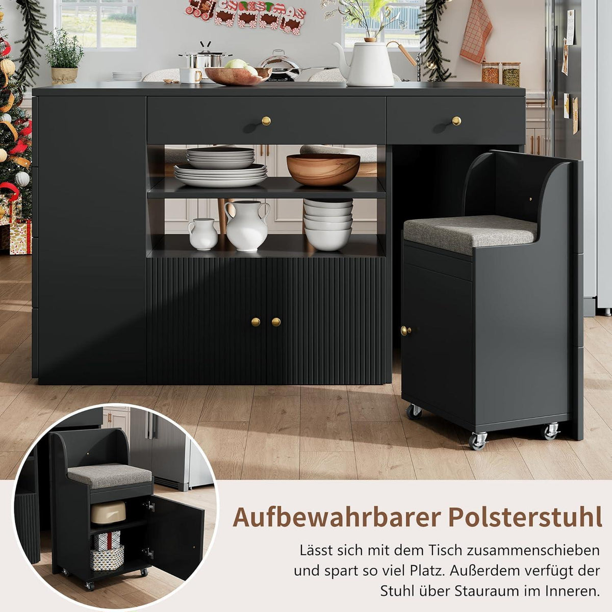 Kücheninsel mit Arbeitsplatte & Hockern – Schwarz