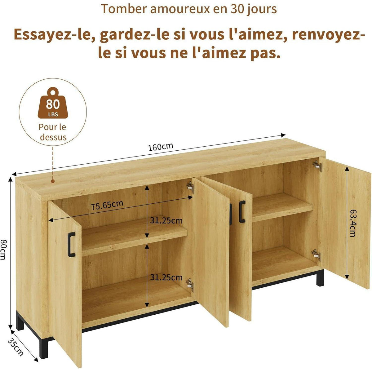 Moderne Kommode 160cm Holzoptik mit 4 Türen & Arbeitsplatte