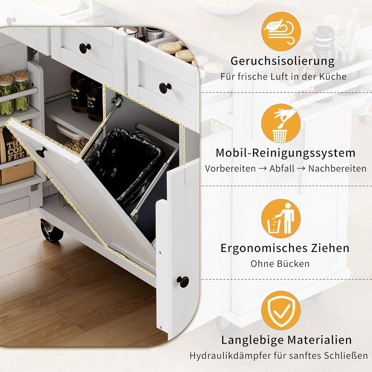 Mobile Kücheninsel weiß mit Ausziehtisch & Abfallbehälter