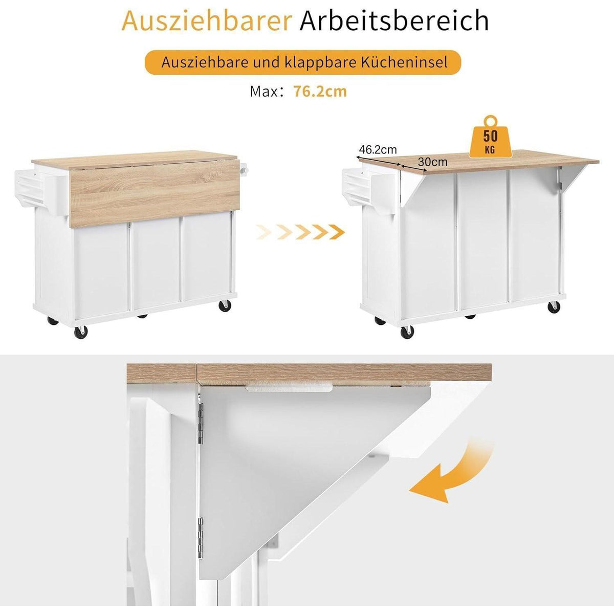 Mobile Kücheninsel weiß mit Ausziehtisch & Abfallbehälter